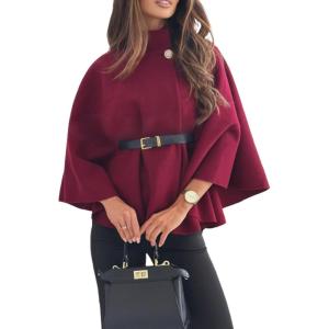 imageCHARTOU Women Batwing Sleeve Ponchos Pea Coat Stand Collar Capes Jacket Cloak Elegant Wool Coat with BeltWine