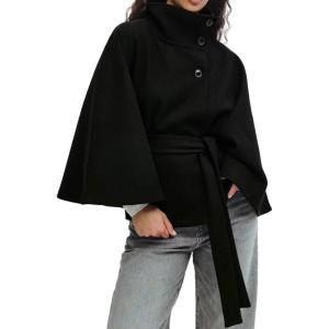 imageCHARTOU Women Batwing Sleeve Ponchos Pea Coat Wool Stand Collar Belt Capes Jacket Winter Cropped OvercoatBlack