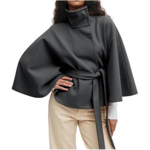 imageCHARTOU Women Batwing Sleeve Ponchos Pea Coat Wool Stand Collar Belt Capes Jacket Winter Cropped OvercoatGrey
