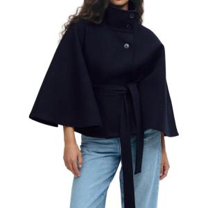 imageCHARTOU Women Batwing Sleeve Ponchos Pea Coat Wool Stand Collar Belt Capes Jacket Winter Cropped OvercoatNavy