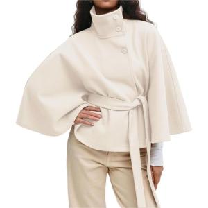 imageCHARTOU Women Batwing Sleeve Ponchos Pea Coat Wool Stand Collar Belt Capes Jacket Winter Cropped OvercoatWhite