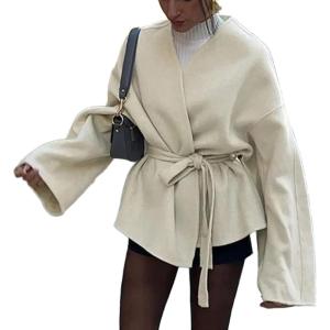 imageCHARTOU Women Cropped Wool Blend Pea Coat Fall Winter Belted Short Trench Overcoat Jacket Dressy OutwearBeige