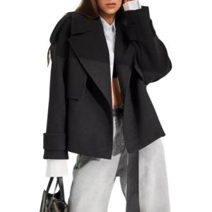 imageCHARTOU Women Double Breasted Crop Wool Pea Coat Jacket Winter Oversized Lapel Collar Trench CoatBlack