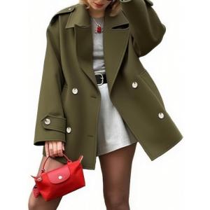 imageCHARTOU Women Double Breasted Short Pea Coat Fall Winter Notch Lapel Midi Jacket Warm OvercoatArm Green