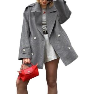imageCHARTOU Women Double Breasted Short Pea Coat Fall Winter Notch Lapel Midi Jacket Warm OvercoatGrey