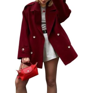 imageCHARTOU Women Double Breasted Short Pea Coat Fall Winter Notch Lapel Midi Jacket Warm OvercoatWine Red