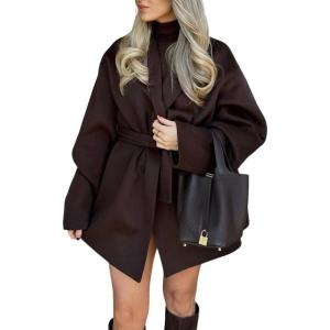 imageCHARTOU Women Elegant Open Front Wool Pea Coat Jacket Lapel Collar Thicken Warm Overcoat with BeltBrown