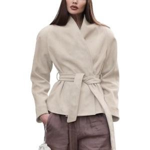 imageCHARTOU Women Faux Suede Leather Crop Jacket 2025 Casual Band Collar Wrap Outwear Coat with BeltKhaki