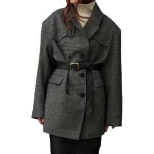 imageCHARTOU Women Houndstooth Wool Trench Pea Coat Winter Notch Lapel Long Sleeve Jacket Midi OvercoatGrey