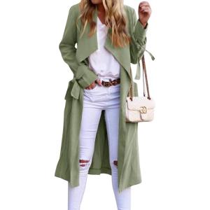 imageCHARTOU Women Long Trench Coat Lapel Collar Belted Tie Jackets Open Front Cardigan Long Sleeve Casual Overcoat With PocketsGreen