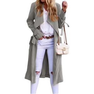 imageCHARTOU Women Long Trench Coat Lapel Collar Belted Tie Jackets Open Front Cardigan Long Sleeve Casual Overcoat With PocketsGrey