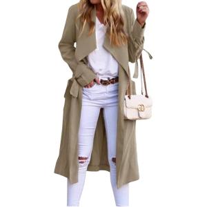 imageCHARTOU Women Long Trench Coat Lapel Collar Belted Tie Jackets Open Front Cardigan Long Sleeve Casual Overcoat With PocketsKhaki
