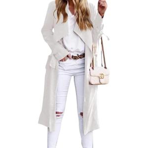 imageCHARTOU Women Long Trench Coat Lapel Collar Belted Tie Jackets Open Front Cardigan Long Sleeve Casual Overcoat With PocketsWhite