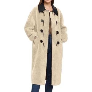 imageCHARTOU Women Long Winter Fuzzy Wool Trench Pea Coat Faux Fleece Contrast Trim Warm Jacket OvercoatApricot