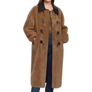 imageCHARTOU Women Long Winter Fuzzy Wool Trench Pea Coat Faux Fleece Contrast Trim Warm Jacket OvercoatBrown