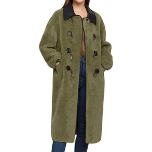 imageCHARTOU Women Long Winter Fuzzy Wool Trench Pea Coat Faux Fleece Contrast Trim Warm Jacket OvercoatGreen