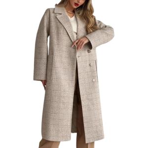 imageCHARTOU Women Long Winter Plaid Wool Coat Double Breast Trench Pea Coat Overcoat with BeltKhaki