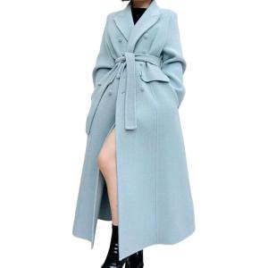 imageCHARTOU Women Long Winter Wool Pea Coat Lapel Double Breasted Trench Over Coat with BeltBlue