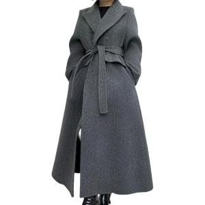 imageCHARTOU Women Long Winter Wool Pea Coat Lapel Double Breasted Trench Over Coat with BeltGrey