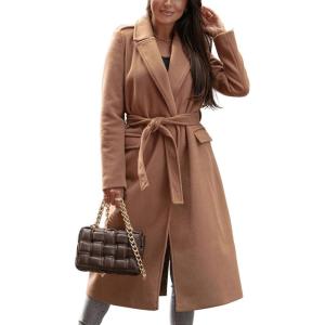imageCHARTOU Women Long Winter Wrapped Coat Casual Work Warm Wool Trench Pea Coat with BeltKhaki