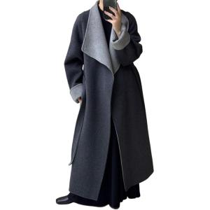 imageCHARTOU Women Long Wool Trench Coat Winter Lapel DoubleFaced Cashmere Peacoat Elegant Loose Belted OvercoatBlack