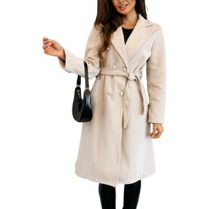 imageCHARTOU Women Long Wool Trench Pea Coat Double Breast MidiLong Overcoat with BeltApricot
