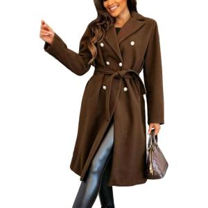 imageCHARTOU Women Long Wool Trench Pea Coat Double Breast MidiLong Overcoat with BeltCoffee