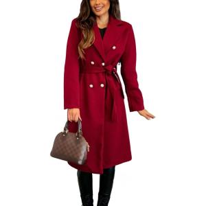 imageCHARTOU Women Long Wool Trench Pea Coat Double Breast MidiLong Overcoat with BeltRed