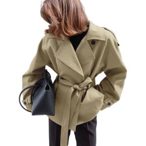 imageCHARTOU Women Notch Lapel Crop Trench Coat Fall Trendy 2025 Long Sleeve Outwear Jacket with BeltBrown