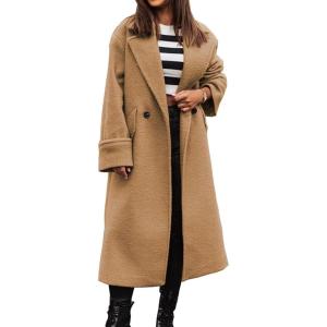 imageCHARTOU Women Pea Coat Lapel Collar Winter Long Trench Coat Warm Wool Blend OvercoatKhaki
