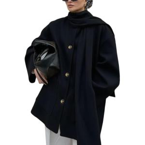 imageCHARTOU Women Single Breasted Wool Coat Jacket Fall Winter Oversized Pea Coat Trench Overcoat with ScarfBlack