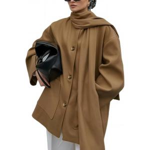 imageCHARTOU Women Single Breasted Wool Coat Jacket Fall Winter Oversized Pea Coat Trench Overcoat with ScarfKhaki