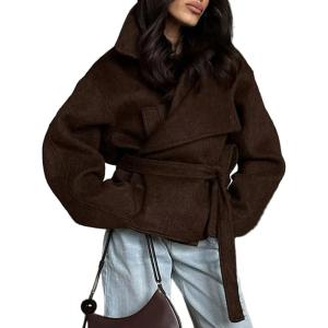 imageCHARTOU Women Winter Wool Trench Pea Coat Cropped Stand Collar Belted Short Jacket OutwearBrown