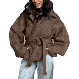 imageCHARTOU Women Winter Wool Trench Pea Coat Cropped Stand Collar Belted Short Jacket OutwearLight Brown