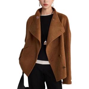 imageCHARTOU Women Wool Blend Crop Pea Coat Winter Casual Loose Collared Lapel Long Sleeve Trench OvercoatBrown