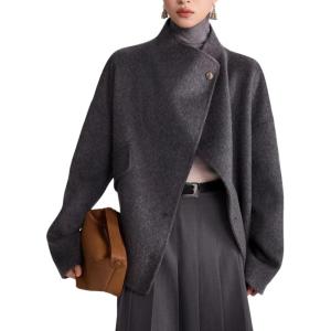 imageCHARTOU Women Wool Blend Crop Pea Coat Winter Casual Loose Collared Lapel Long Sleeve Trench OvercoatGrey