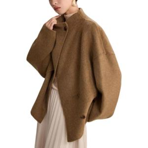 imageCHARTOU Women Wool Blend Crop Pea Coat Winter Casual Loose Collared Lapel Long Sleeve Trench OvercoatKhaki