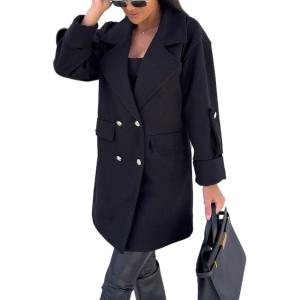 imageCHARTOU Womens Casual Thicken Notch Lapel Pea Coat Wool Blend Double Breasted Mid Long Overcoat Winter JacketBlack