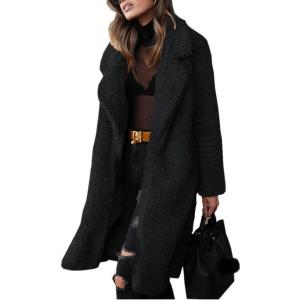 imageCHARTOU Womens Fuzzy Sherpa Fleece Notched Lapel Oversized Overcoat Trench CoatBlack