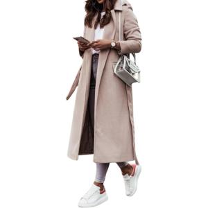 imageCHARTOU Womens Long Wool Blend Jackets Tie Belt Lapel WrapTrench Coat Fall Casual Woolen Pea Coats Overcoat with PocketsApricot