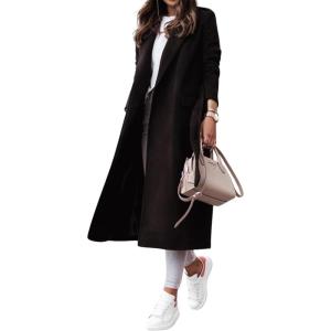 image:imageCHARTOU Womens Long Wool Blend Jackets Tie Belt Lapel WrapTrench Coat Fall Casual Woolen Pea Coats Overcoat with PocketsBlack