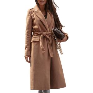 imageCHARTOU Womens Long Wool Blend Jackets Tie Belt Lapel WrapTrench Coat Fall Casual Woolen Pea Coats Overcoat with PocketsKhaki