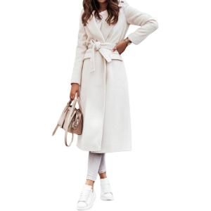 imageCHARTOU Womens Long Wool Blend Jackets Tie Belt Lapel WrapTrench Coat Fall Casual Woolen Pea Coats Overcoat with PocketsWhite