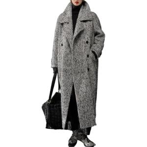 imageCHARTOU Womens Long Wool Trench Pea Coats Winter Herringbone Vintage Notch Belted Double Breast OvercoatBlack