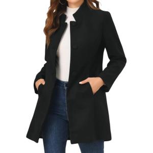 imageCHARTOU Womens MidLong Woolen Pea Coat Stand Collar Single Breasted Wool Blend Jacket Blazer Winter Overcoat with PocketsBlack