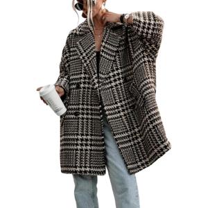 imageCHARTOU Womens Oversized Blazed Collar Double Breasted Overcoat Thick Plaid Pea Coat Jacket Long Trench CoatApricot