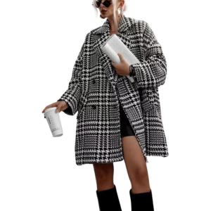 imageCHARTOU Womens Oversized Blazed Collar Double Breasted Overcoat Thick Plaid Pea Coat Jacket Long Trench CoatBlack