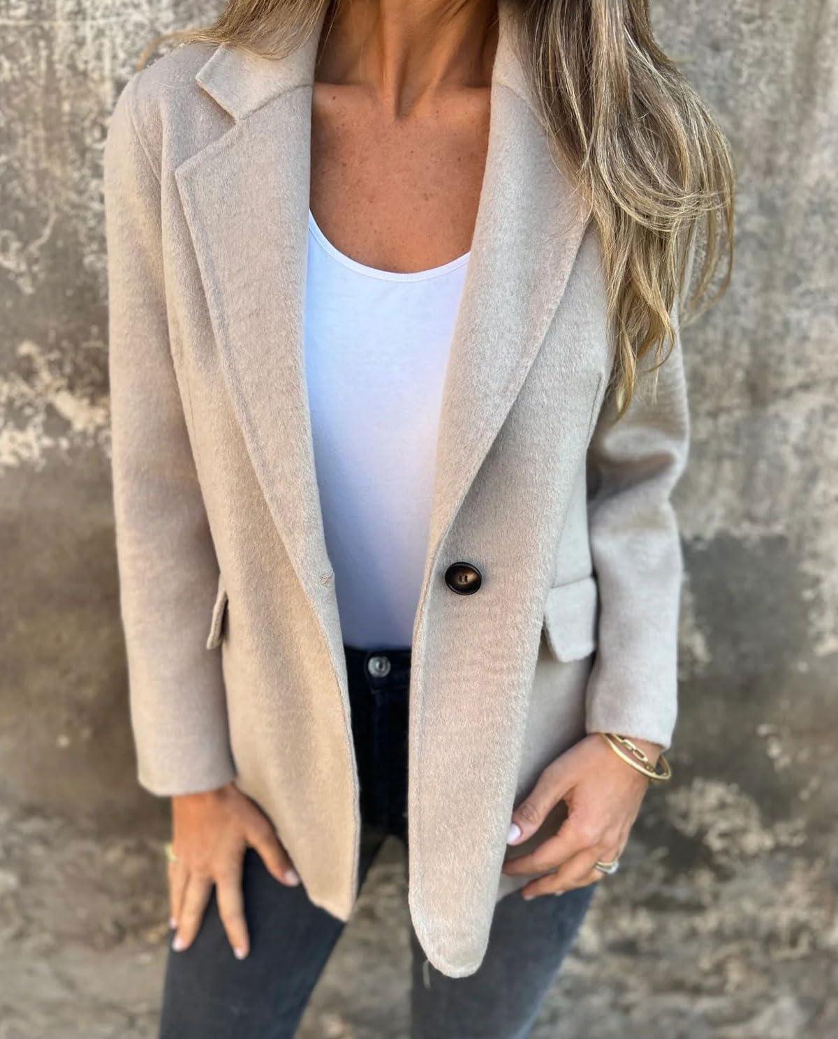 imageCHARTOU Women Solid Color Blazer Wool Blend Causal Business Office Open Front Short Jacket Pea CoatApricot