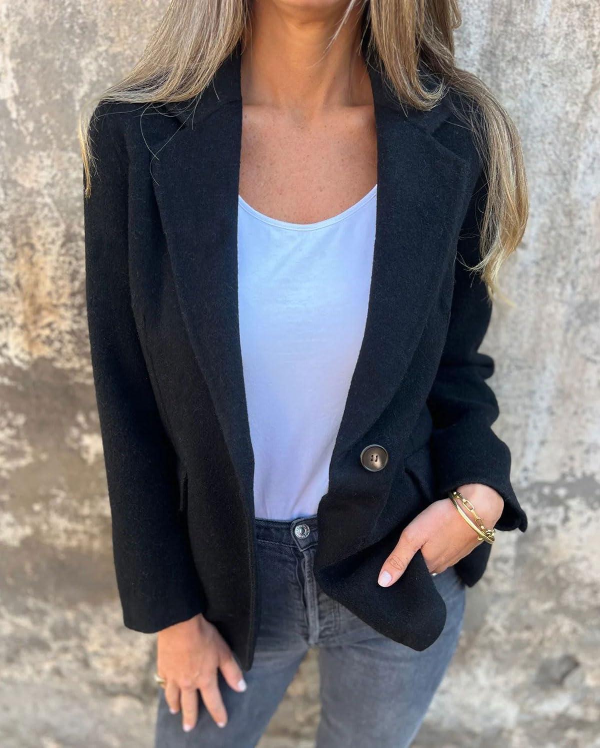 imageCHARTOU Women Solid Color Blazer Wool Blend Causal Business Office Open Front Short Jacket Pea CoatBlack