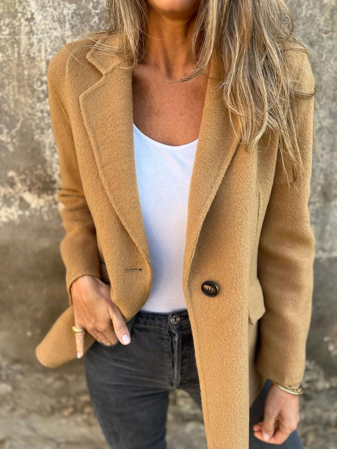 imageCHARTOU Women Solid Color Blazer Wool Blend Causal Business Office Open Front Short Jacket Pea CoatKhaki